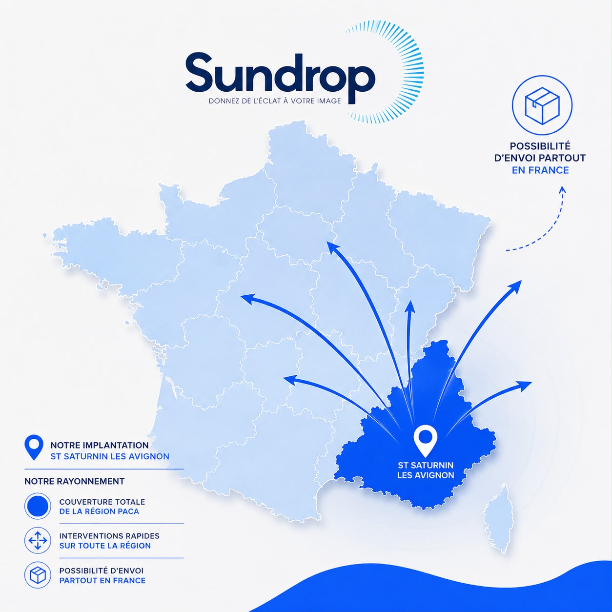 Carte de France — implantation Sundrop à St Saturnin les Avignon et rayonnement PACA, envoi partout en France